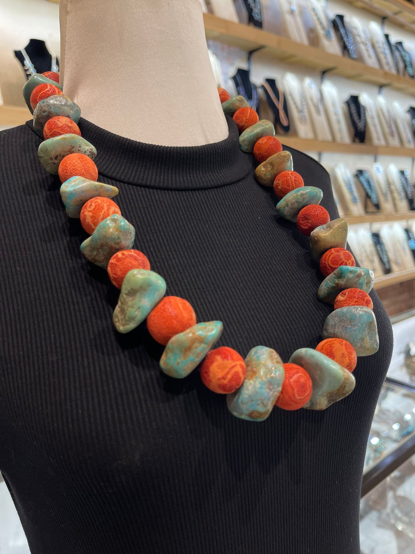 28" Kingman Turquoise & Apple Coral Necklace, Jolene Bird
