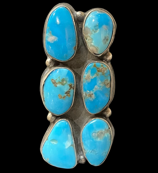 9.0 6 Stone Kingman Turquoise Ring by Gilbert Nez, Navajo