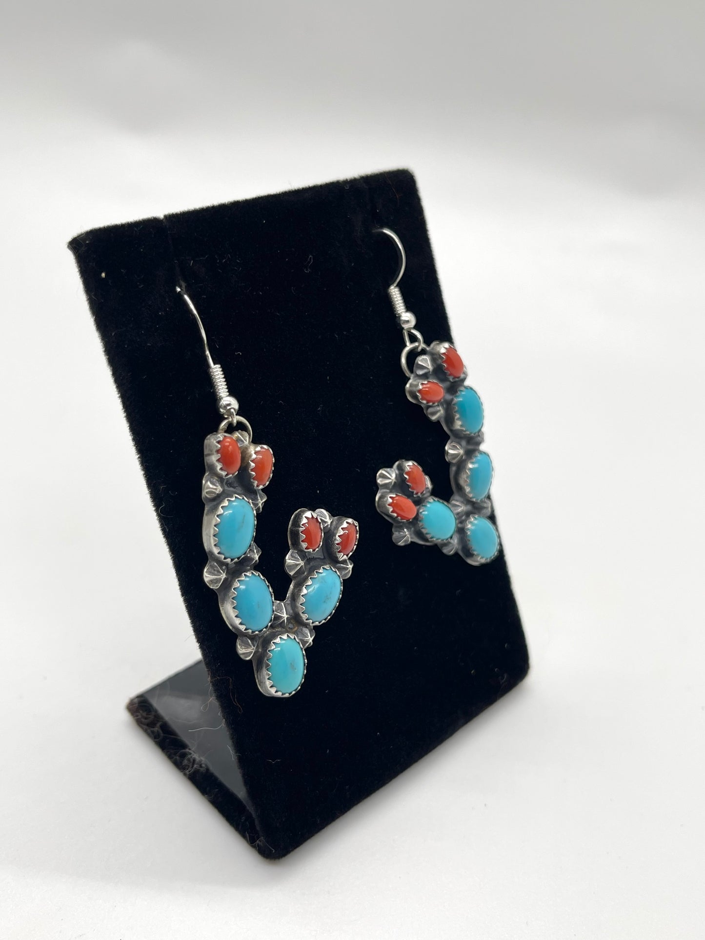 LOT 52 1/4 Prickly Pear Turquoise and Coral Cactus Earrings by Richard Yazzie, Navajo