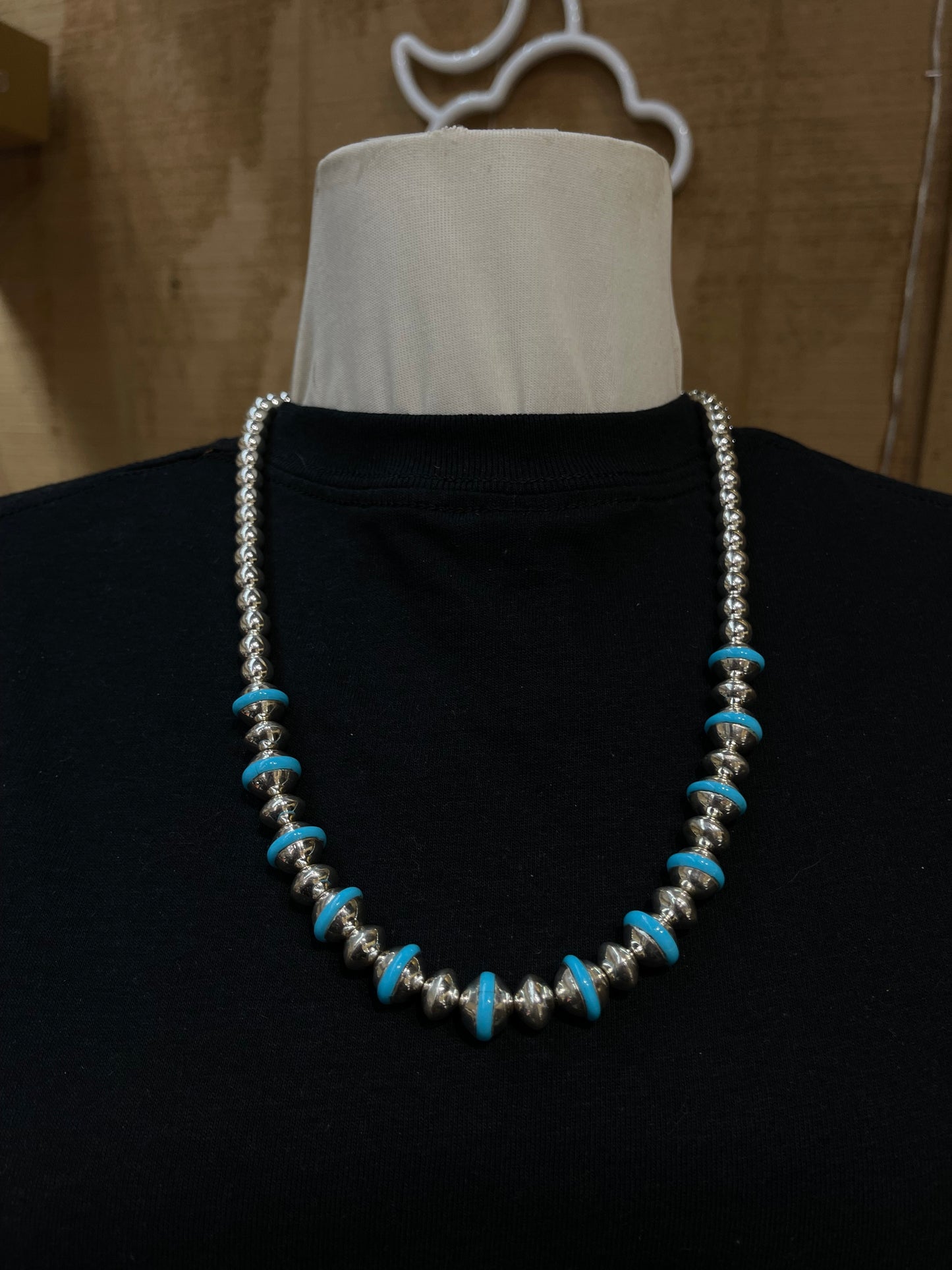 24" 8mm-12mm High Shine Navajo Pearls and Sleeping Beauty Turquoise Necklace and Dangle Earrings Set