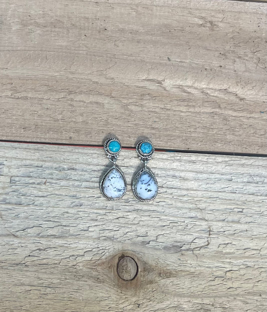 Dendritic Opal and Turquoise Post Dangle Earrings