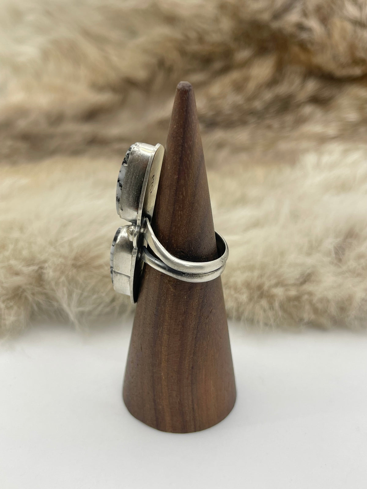 6.0 Semi Adjustable 2 Stone White Buffalo Ring by Boyd Ashley, Navajo