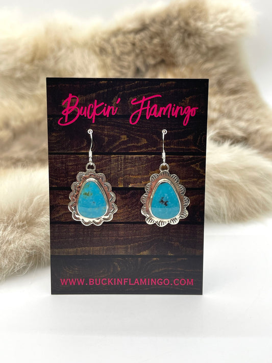 Turquoise Teardrop Earrings with Silver Scallop Border by Annette Martinez, Navajo