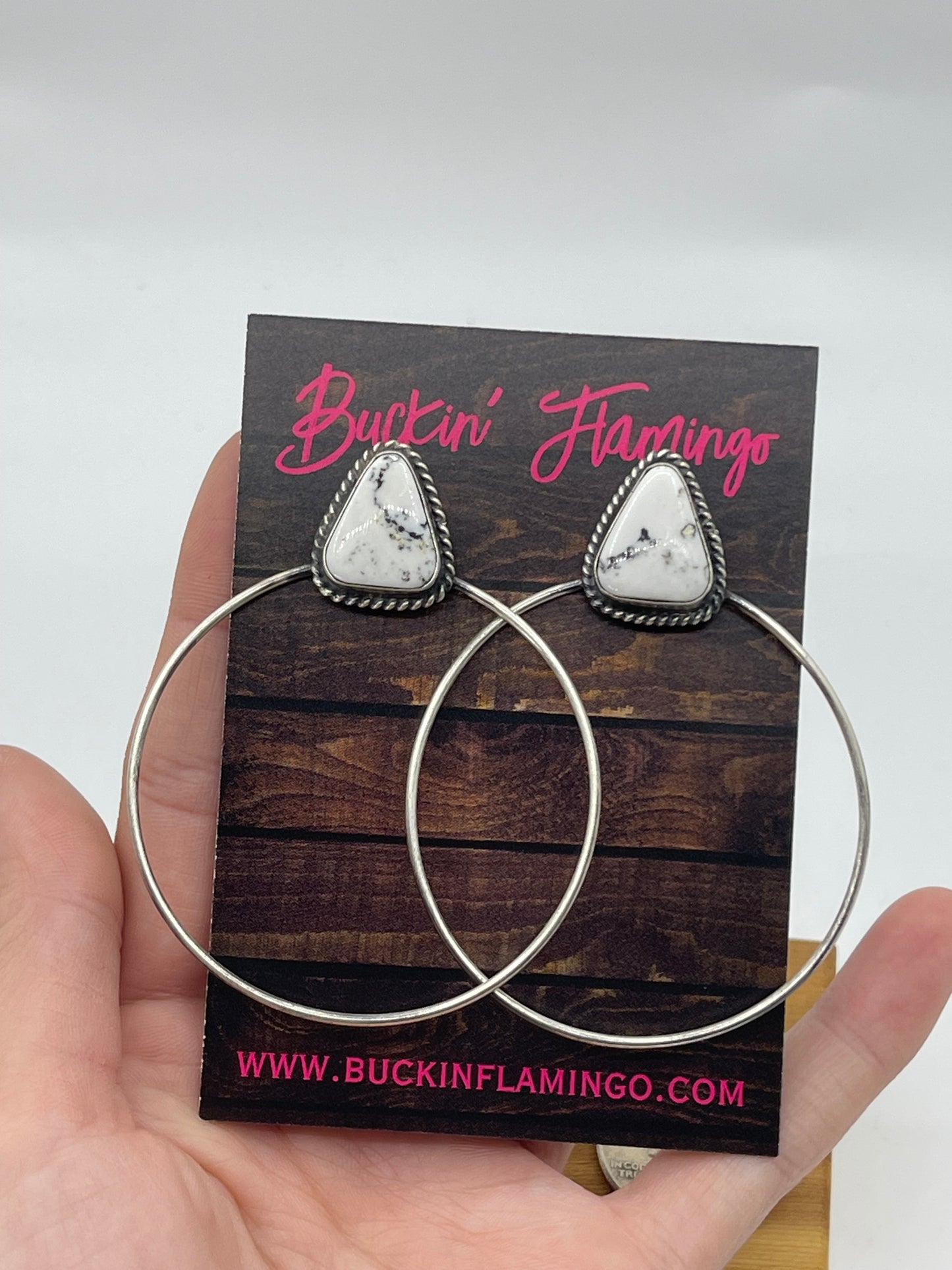 White Buffalo Triangle Post Hoop Earrings by Elouise Kee, Navajo