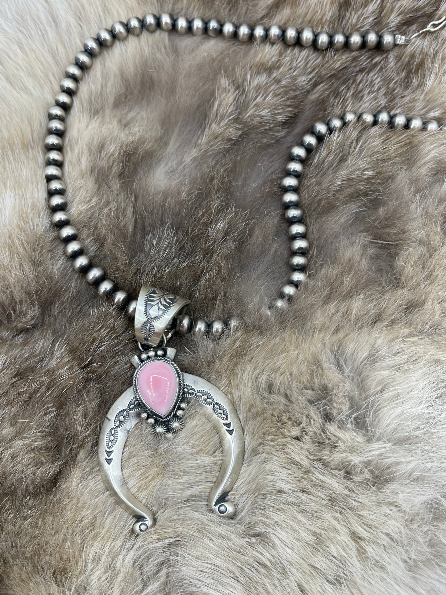 18" 6mm Navajo Style Pearls with Stamped Naja by Adrienne P. Gordon