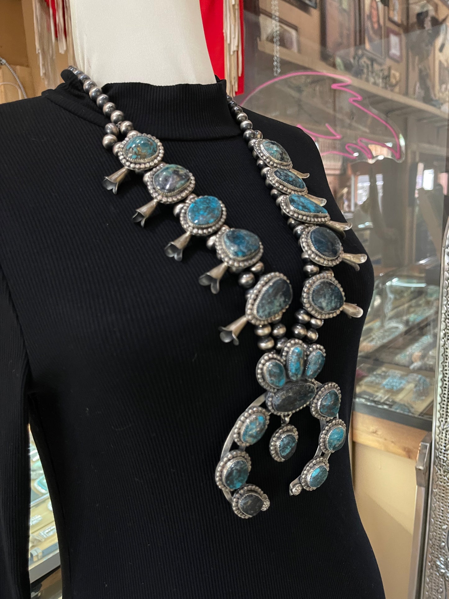 28" Nevada Blue Turquoise Naja Squash Blossom by Delbert Secatero, Navajo