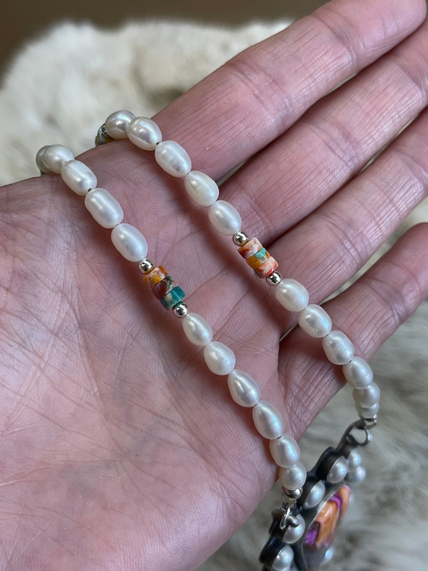 18" Pink Dahlia Necklace with Fresh Water Pearls by TT, Navajo