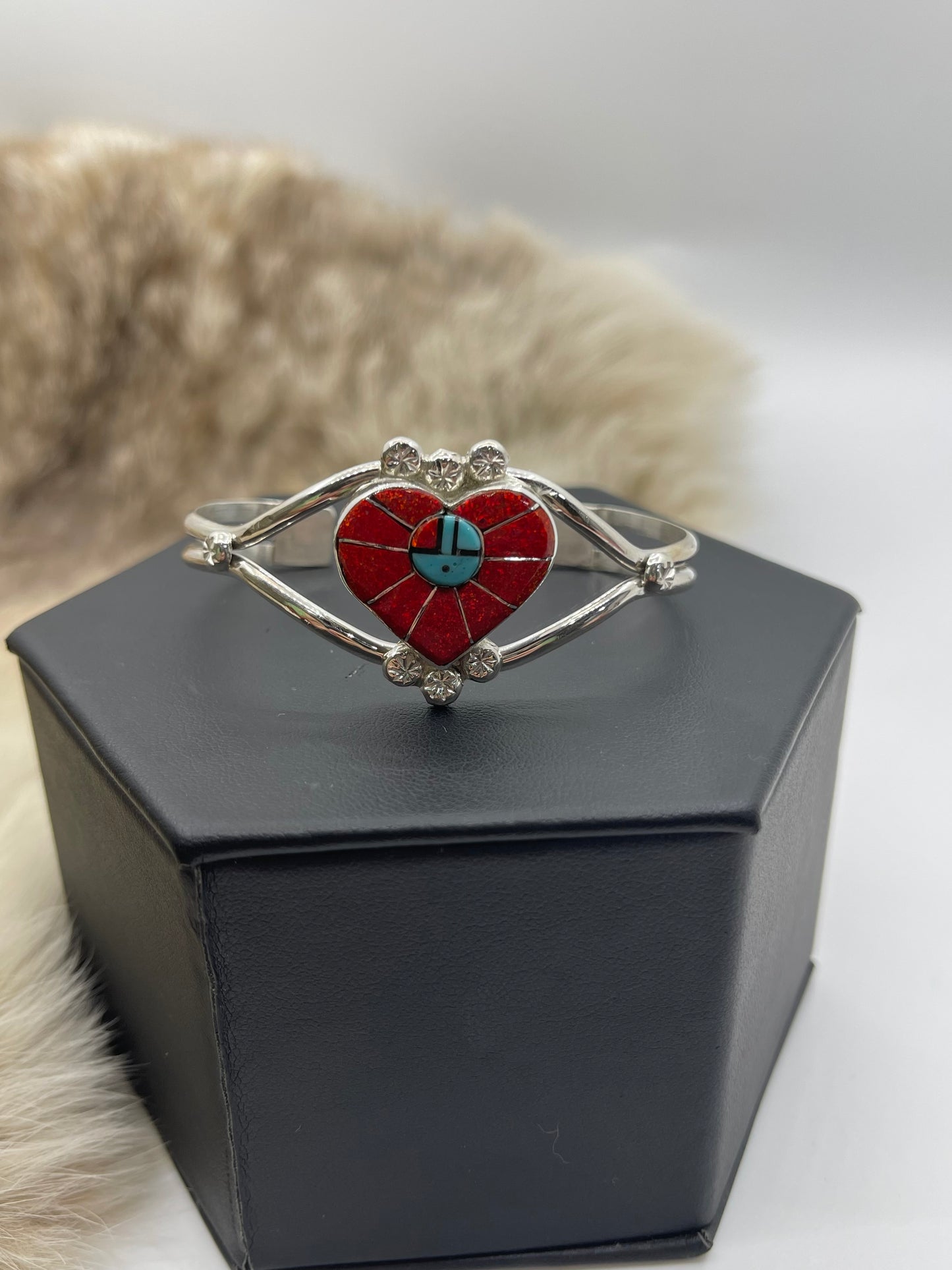 Red Opal Inlaid Heart with Zuni Sunface Cuff