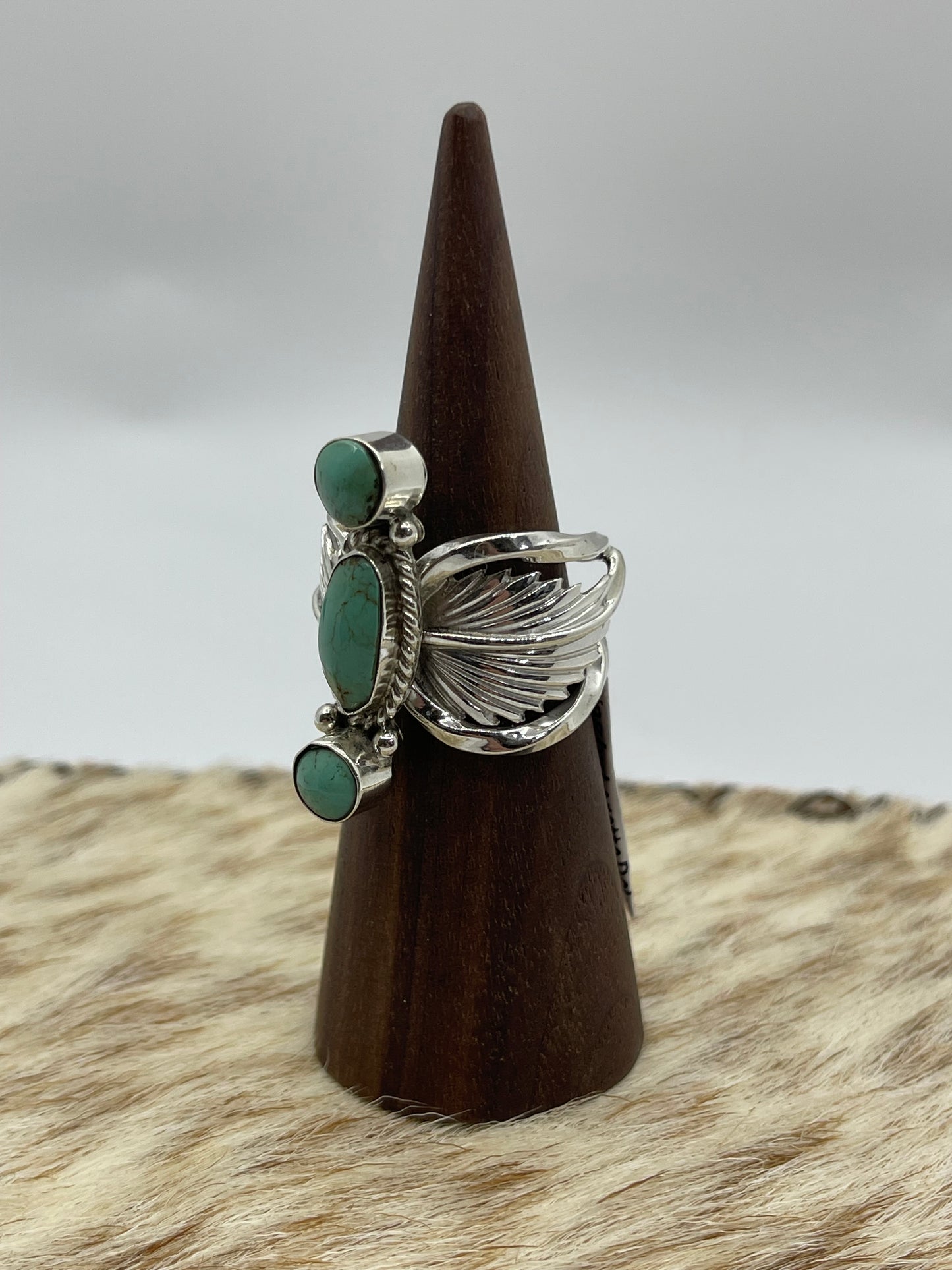 8.5 Feather and 3 Stone Turquoise Ring by Loretta Delgarito, Navajo