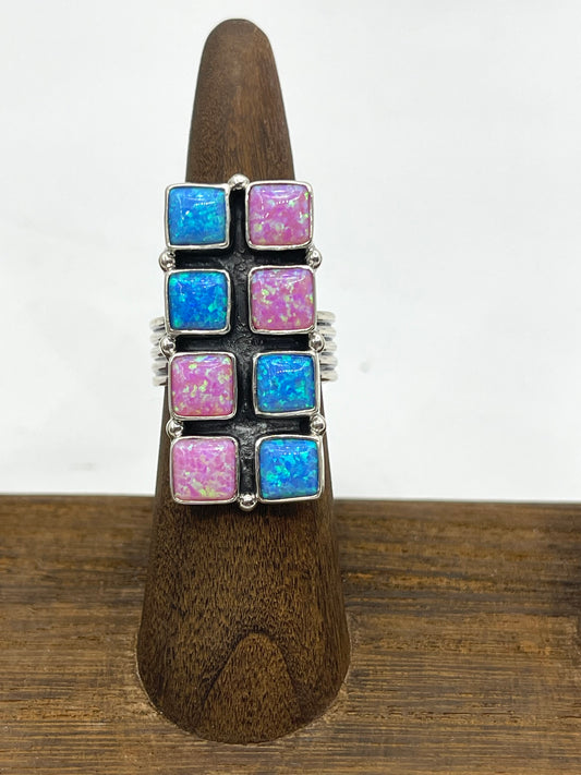 Pink and Blue Opal Checkered Ring