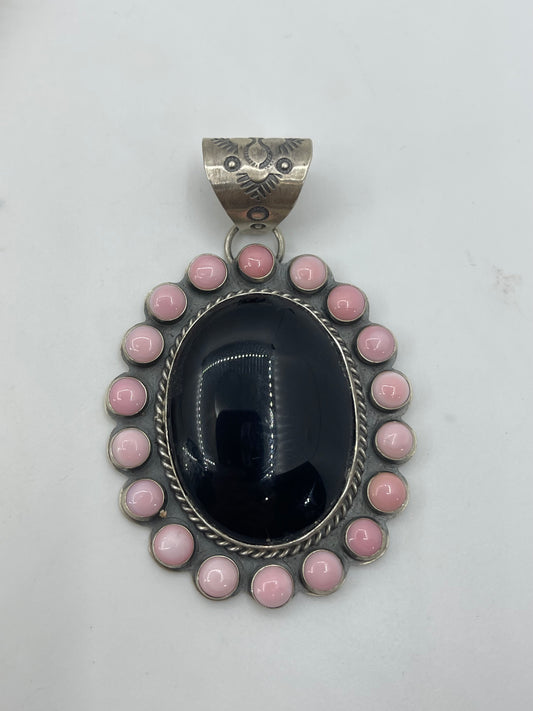 Black Onyx and Pink Conch Shell Cluster Pendant By Calvin Delgarito, Navajo