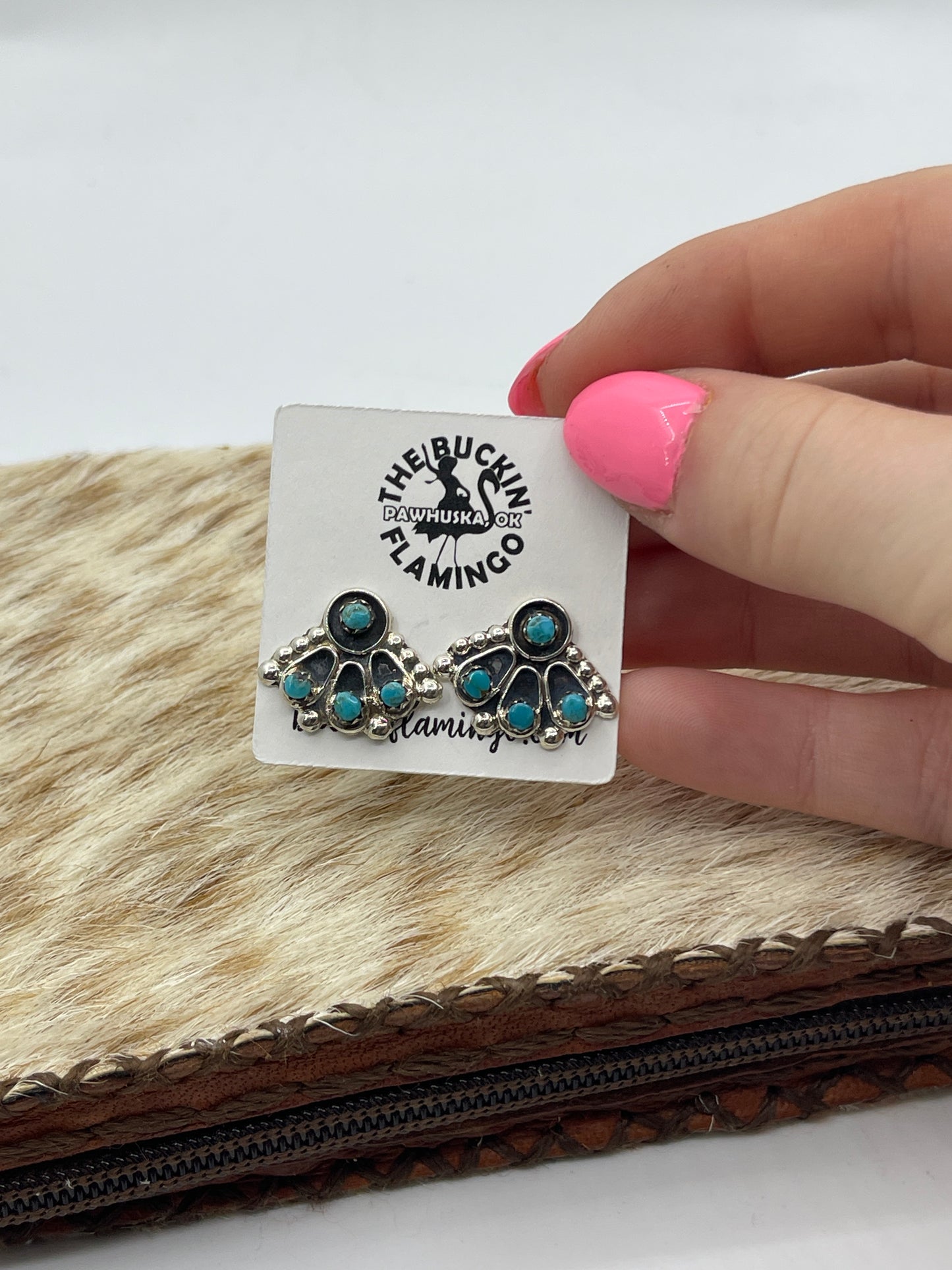 Kingman Turquoise Fan Earrings by Joan Cheama, Zuni
