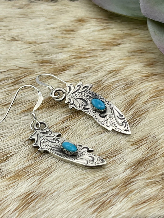 Engraved Feather with Turquoise Earrings by Sonyei Coho, Navajo