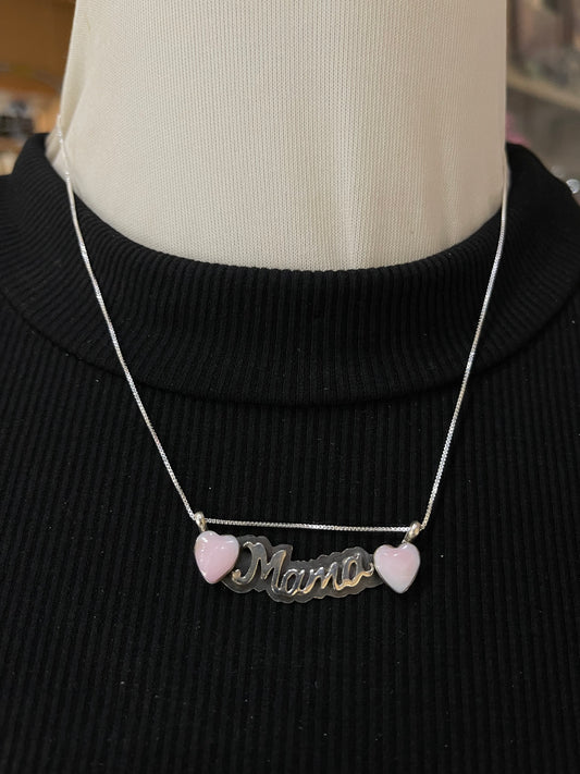 18" Pink Conch Shell Heart "MAMA" Necklace by Myra Benally, Navajo