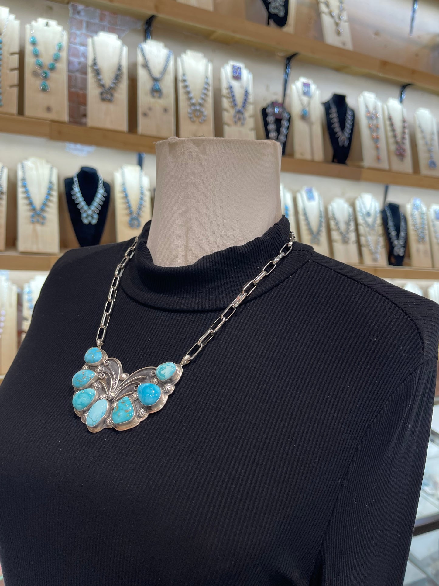 19" High Grade Kingman Turquoise 7 Stone Necklace by Gabby Jurado, Mexican