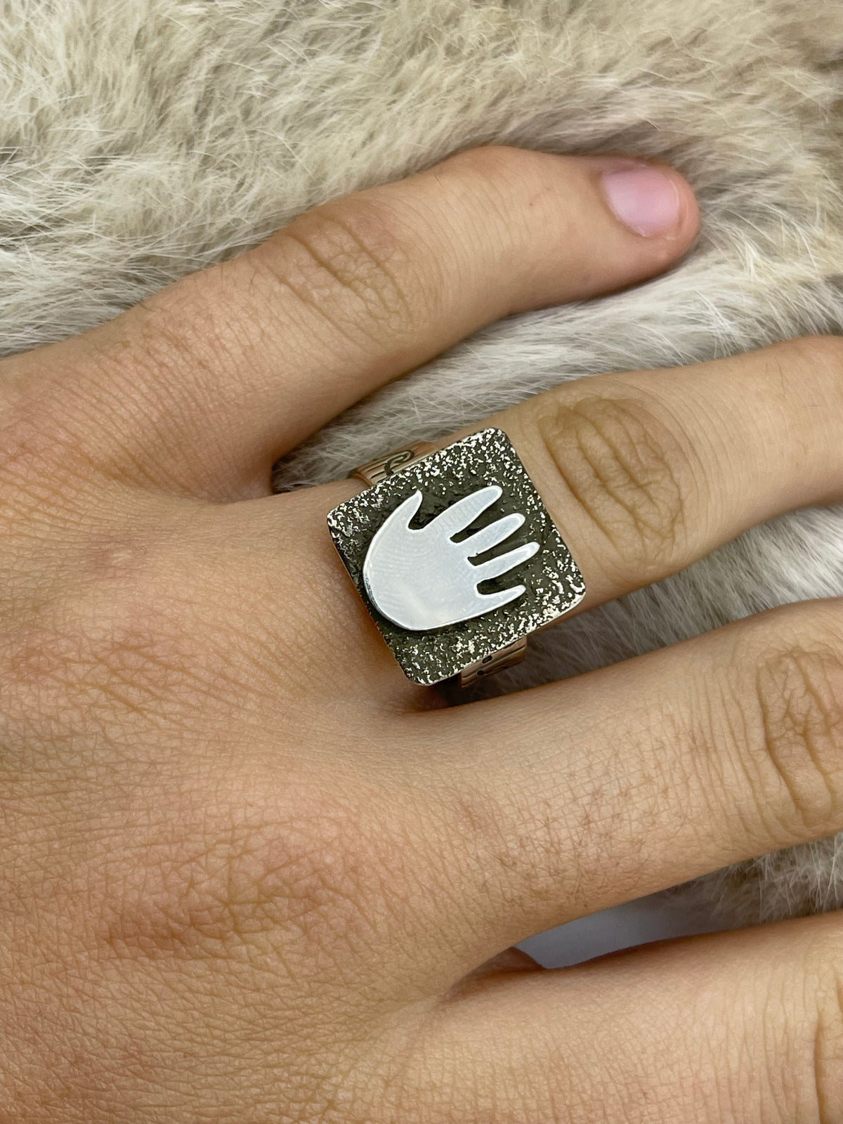 Adjustable 6.0-10.0 Mini Hand Petroglyph Ring by Alex Sanchez, Navajo