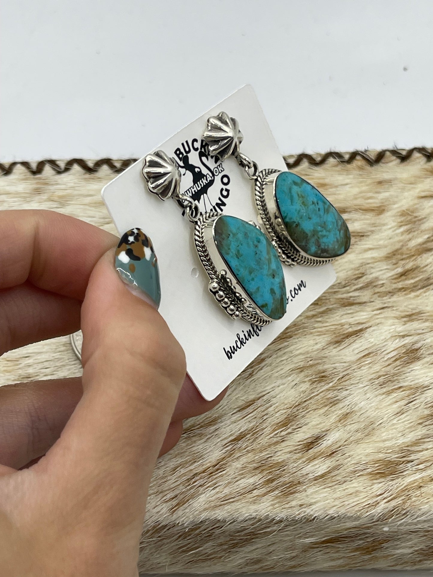 Kingman Turquoise Star Post Dangle Earrings by Raymond Yazzie, Navajo
