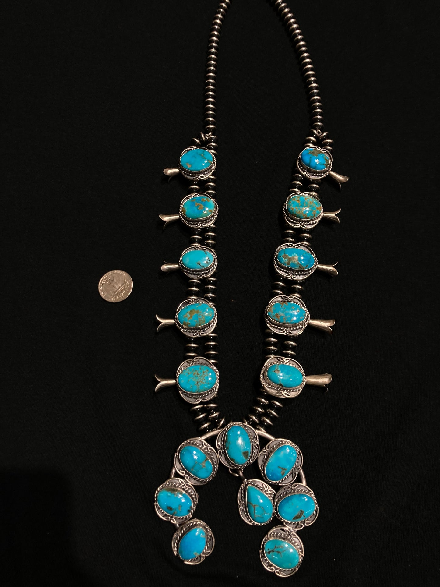 30" Kingman Turquoise Squash Blossom with Navajo Saucer Pearls by Gilbert Nez, Navajo