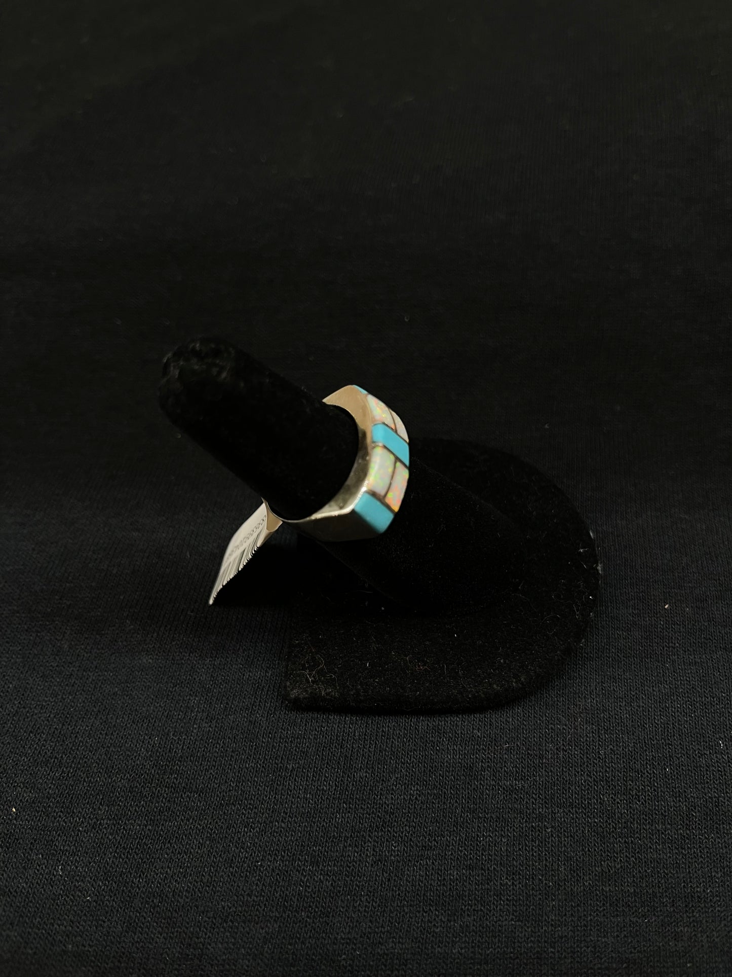 7.0 Turquoise and White Opal Inlay Ring by Verna Kanesta, Zuni