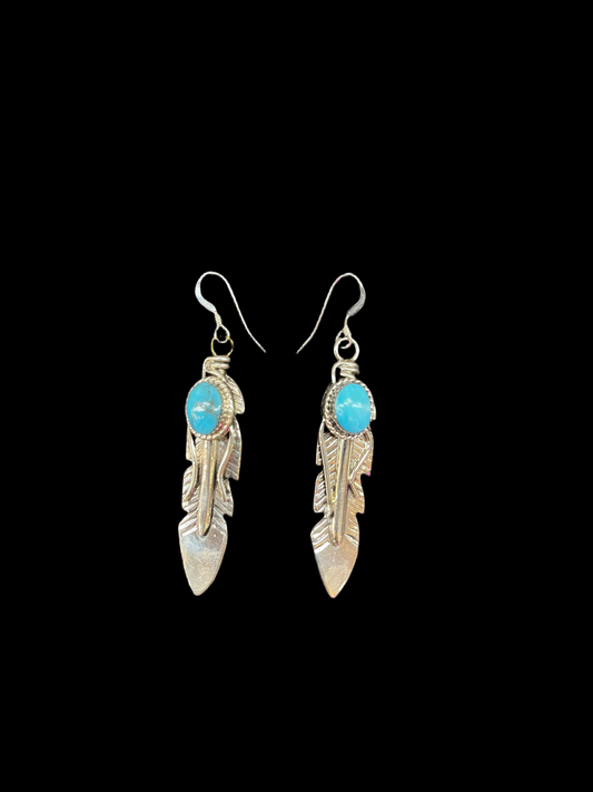 Feather Dangles with Kingman Turquoise by Gilbert Smith, Navajo