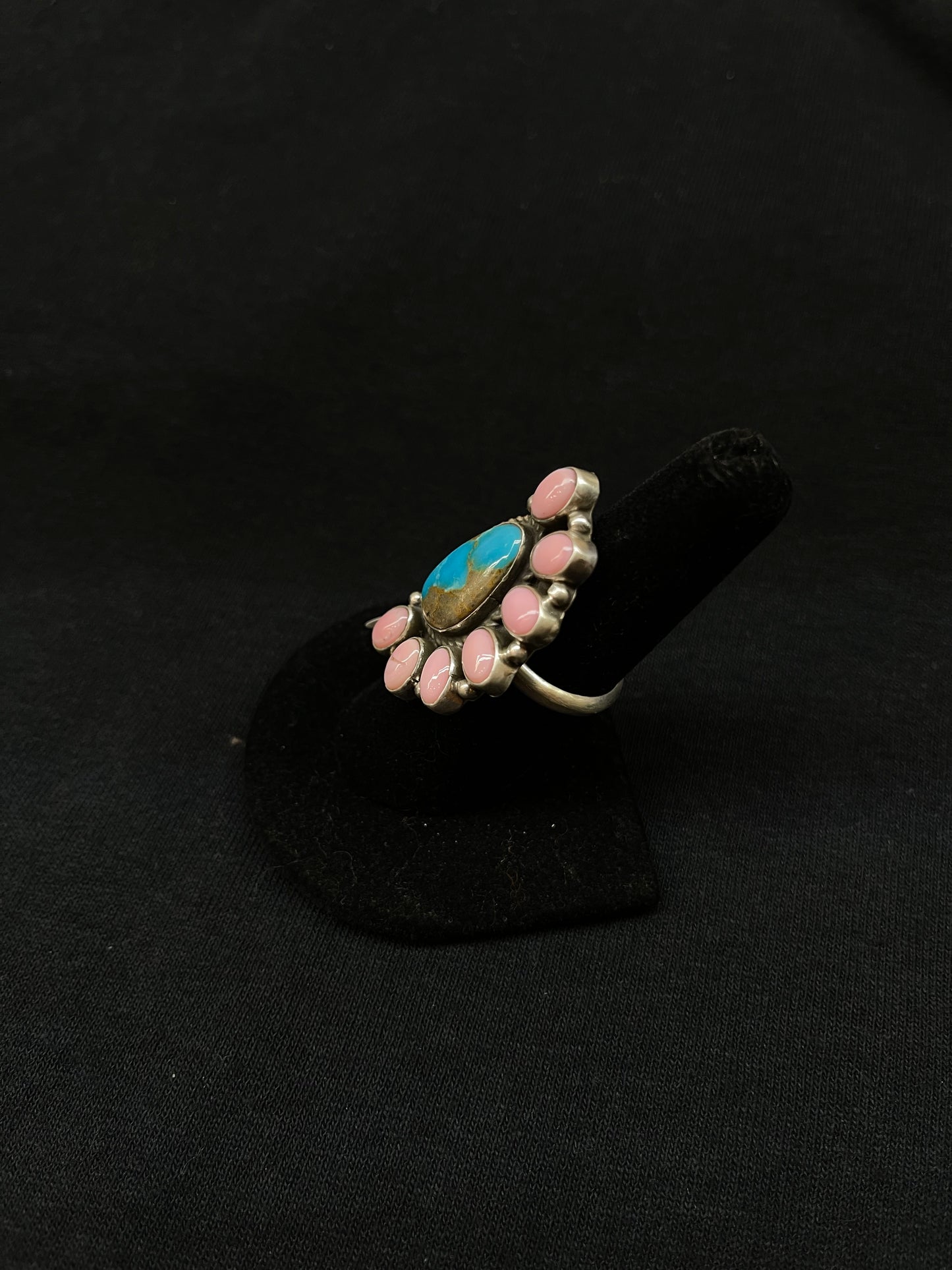 Adjustable Kingman Turquoise and Pink Conch Shell Half Cluster Ring by G. James, Navajo