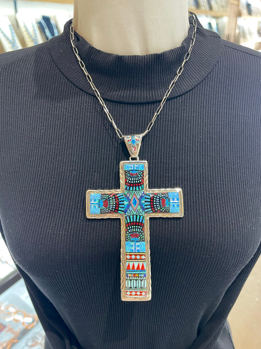 10.4mm bale Inlay Cross with Handmade Paperclip Chain by Sally Shurley, Navajo