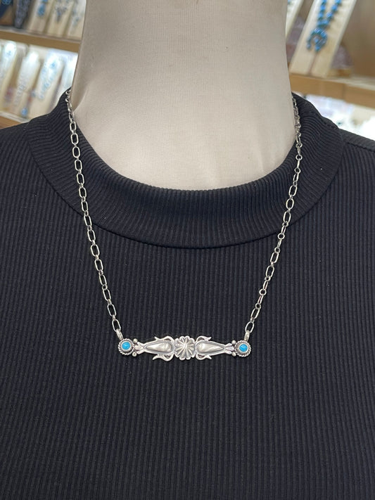 18" Silver Bar Necklace With Turquoise By Marita Benally, Navajo