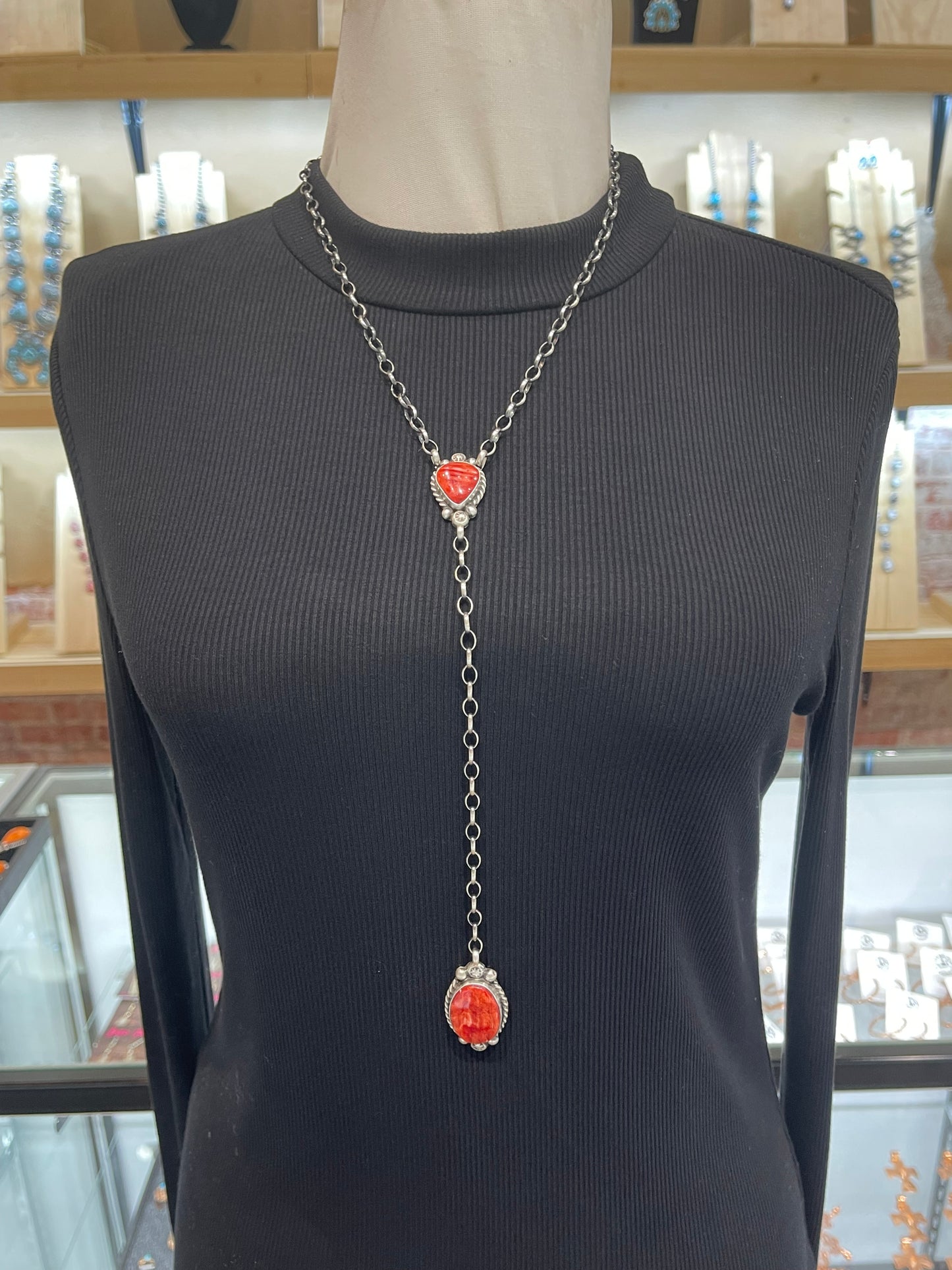 20" + 9" Red Spiny Oyster Necklace by Augustine Largo, Navajo