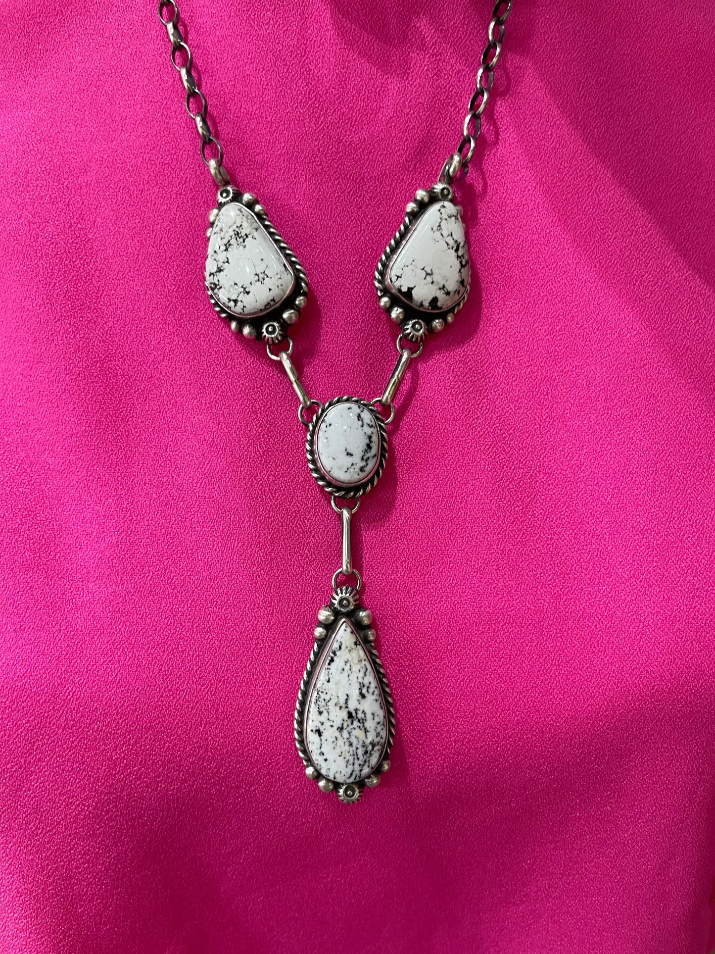 26" White Buffalo Lariat Necklace and Dangle Earrings Set by Anne Spencer, Navajo