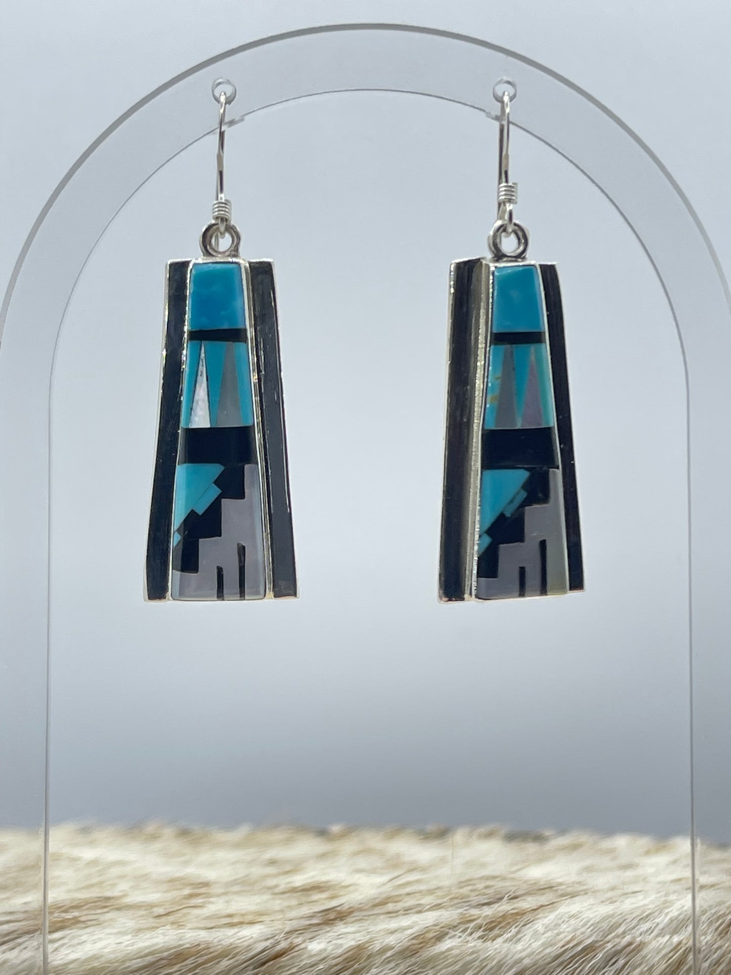 Inlaid Turquoise, Onyx, Mother of Pearl, and Red Coral Earrings by Patty Edaakie, Zuni