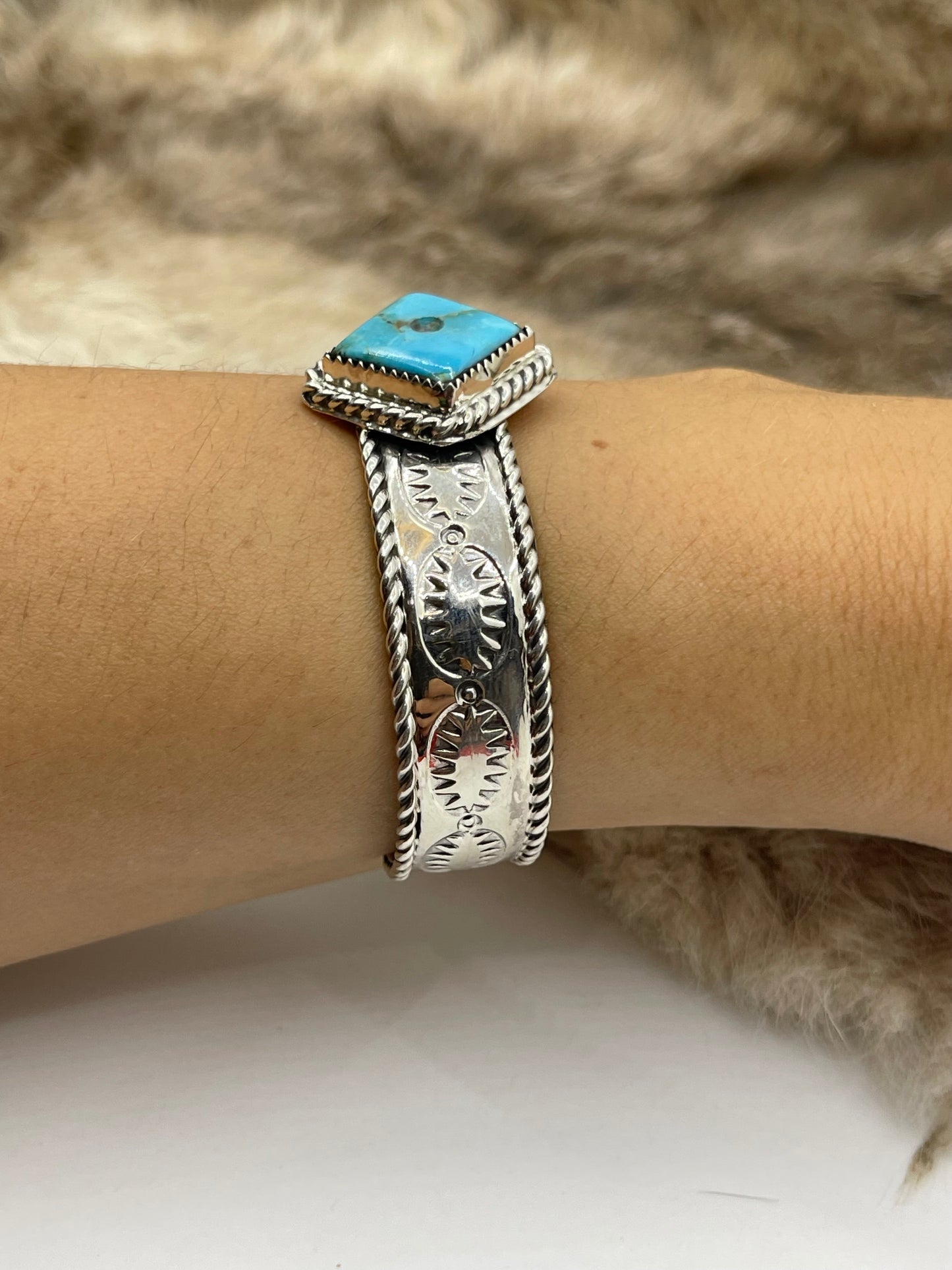 6.25”-6.75” Turquoise “Dice” Ace Cuff with Stamping by Jason Bahe, Navajo