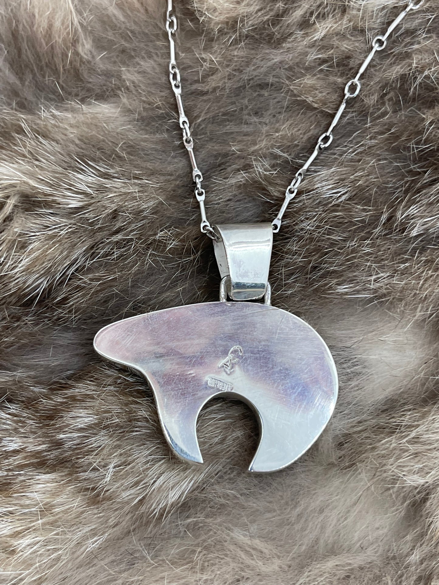 20" Pink Conch Shell Inlay Bear Necklace by Carl Adaakie, Zuni