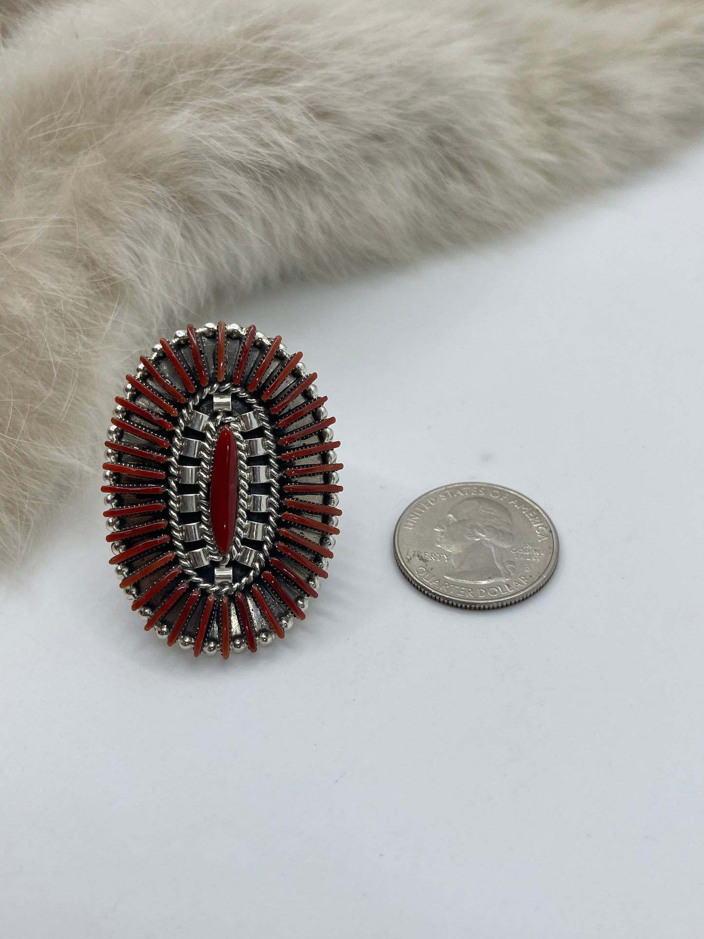 9.0 Red Coral Needlepoint Cluster Ring by Berton Cooyeyate, Zuni