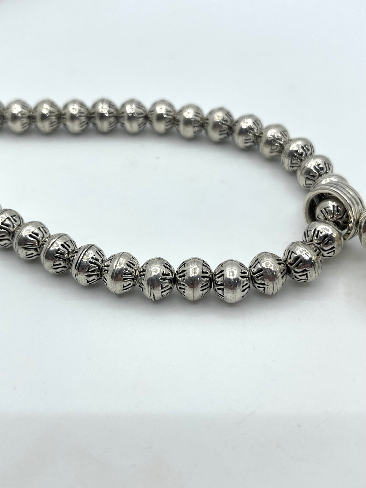 20” 8mm Machine Stamped Hand Soldered Beads with Blossom Pendant