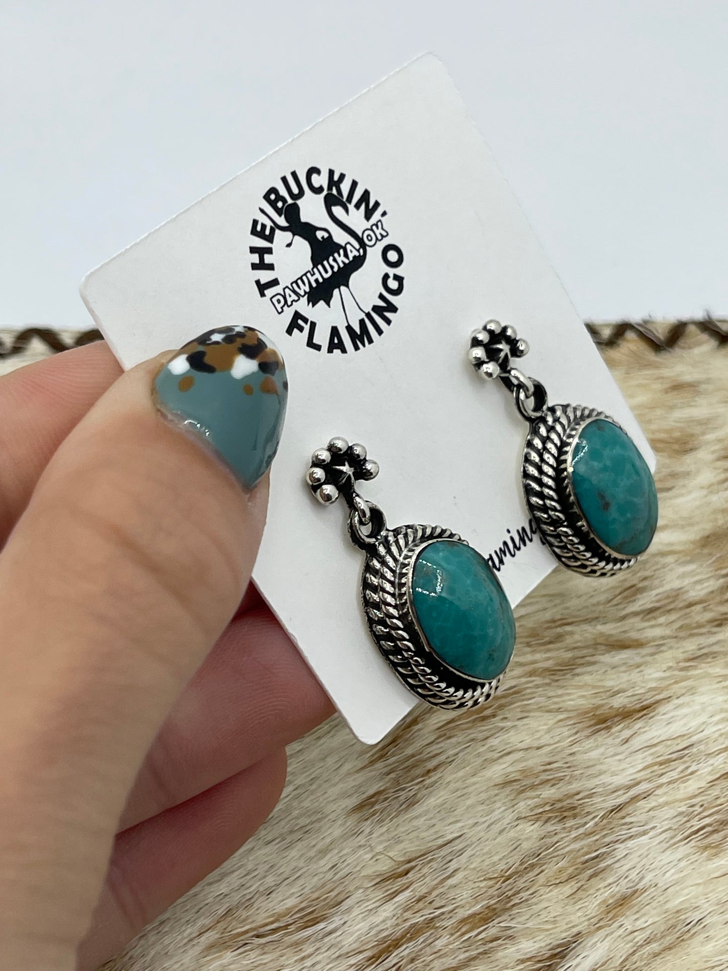 Turquoise Oval Post Dangle Earrings by Sheena Jack, Navajo