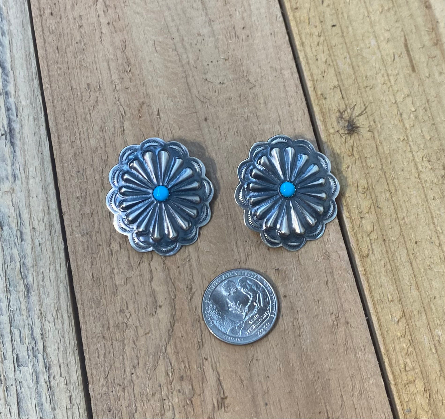 Hand Stamped Sterling Silver Concho with Sleeping Beauty Turquoise Earrings by Rita Daye