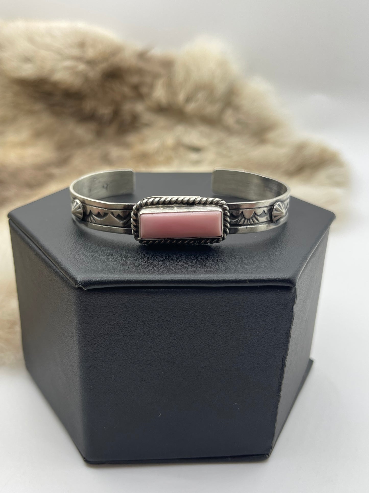 5.75”-7.75” Pink Conch Shell Bar Stacker Cuff by Rick Enriquez, Navajo
