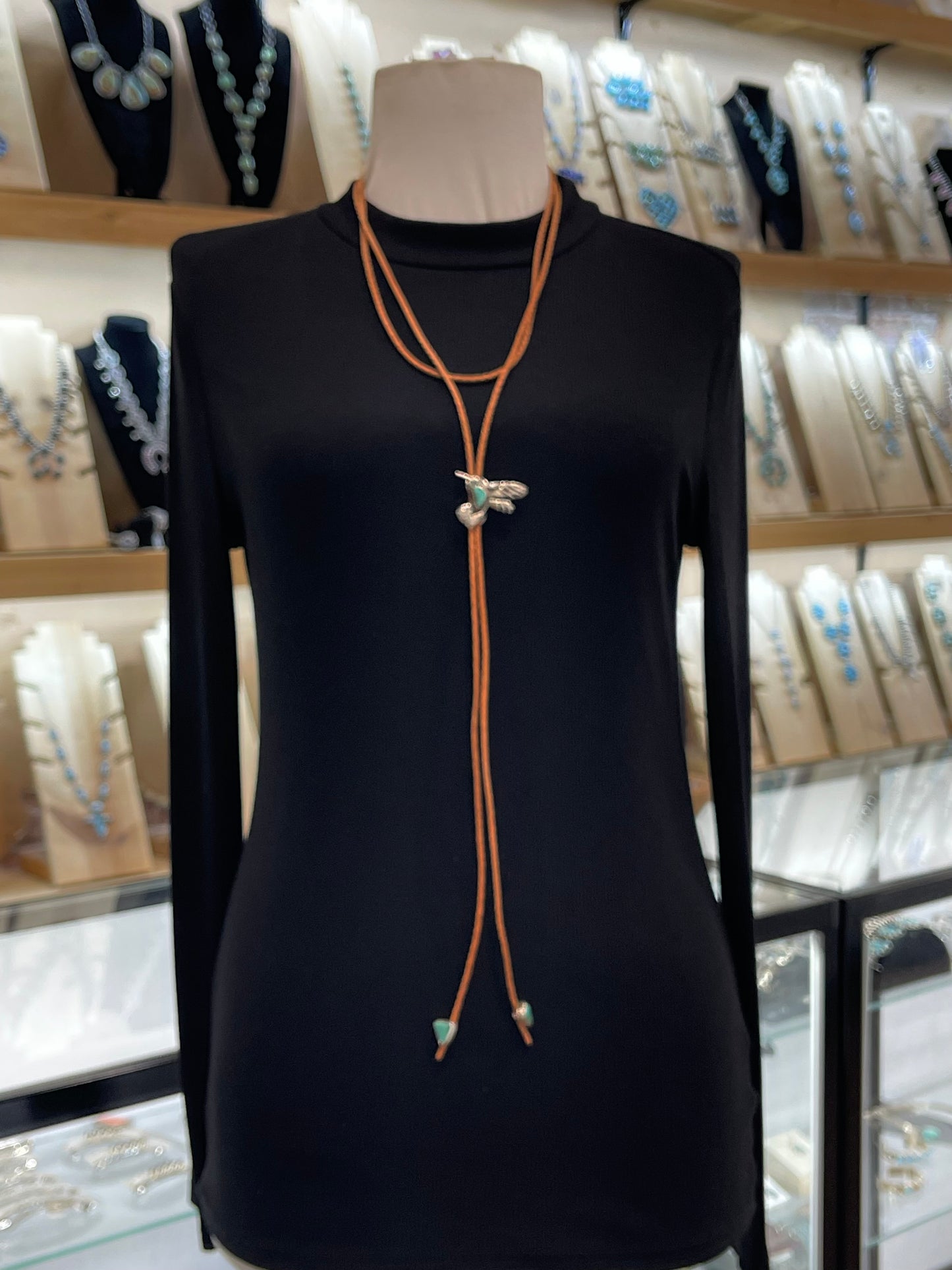 Hummingbird Double Wrap Bolo Necklace by Jude Candelaria, Zuni