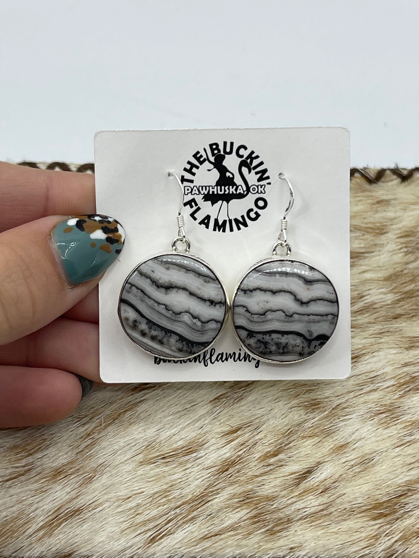 Circle Marble Zebra Jasper Dangle Earrings, Navajo Made