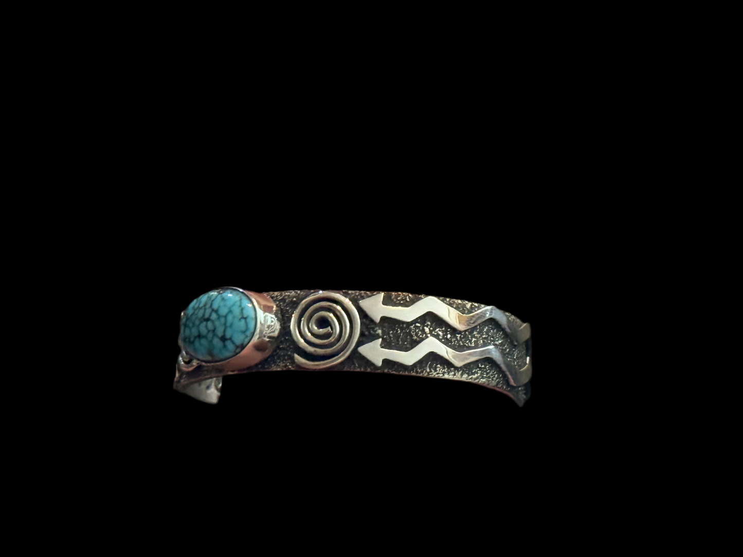 Petroglyph Cuff with Blue Kingman Web Turquoise by Alex Sanchez, Navajo (narrow)