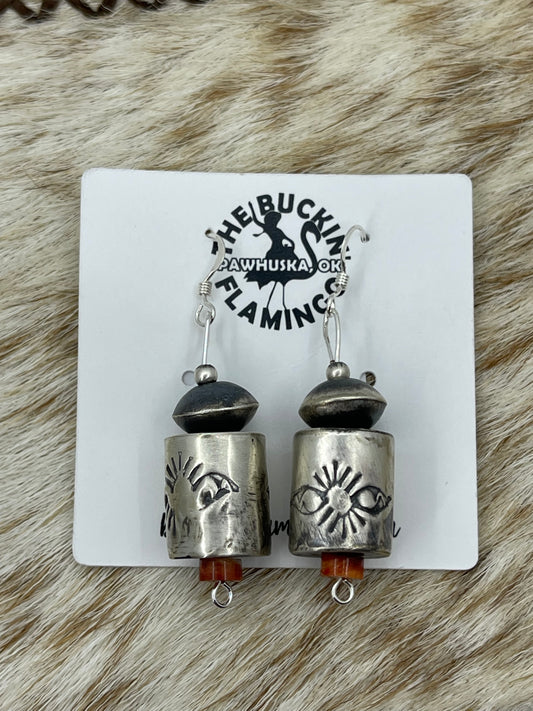 Handmade Red Spiny Barrel Navajo Pearl Beaded Dangle Earrings by Shelby Montoya, Navajo