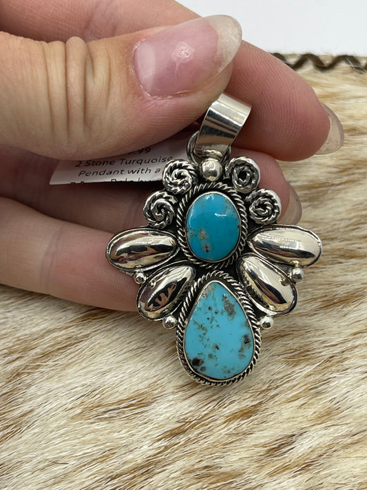 2 Stone Turquoise Pendant with a 7.3mm Bale by Gwendolyn Burnside, Navajo