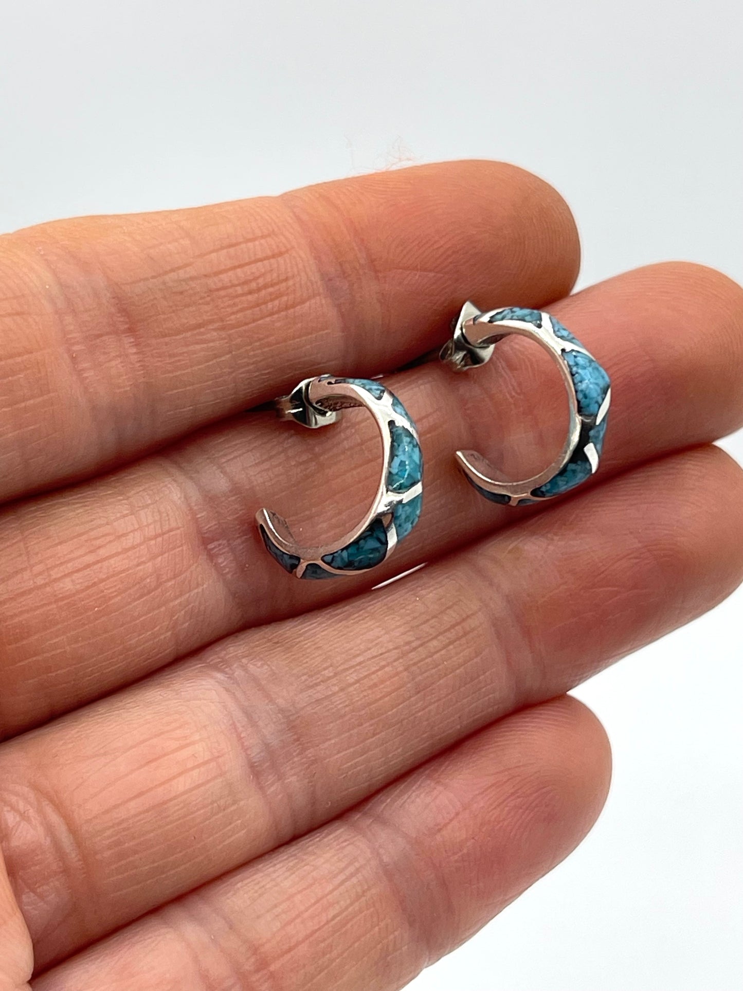 Turquoise Chip Inlay Half Hoop Post Earrings