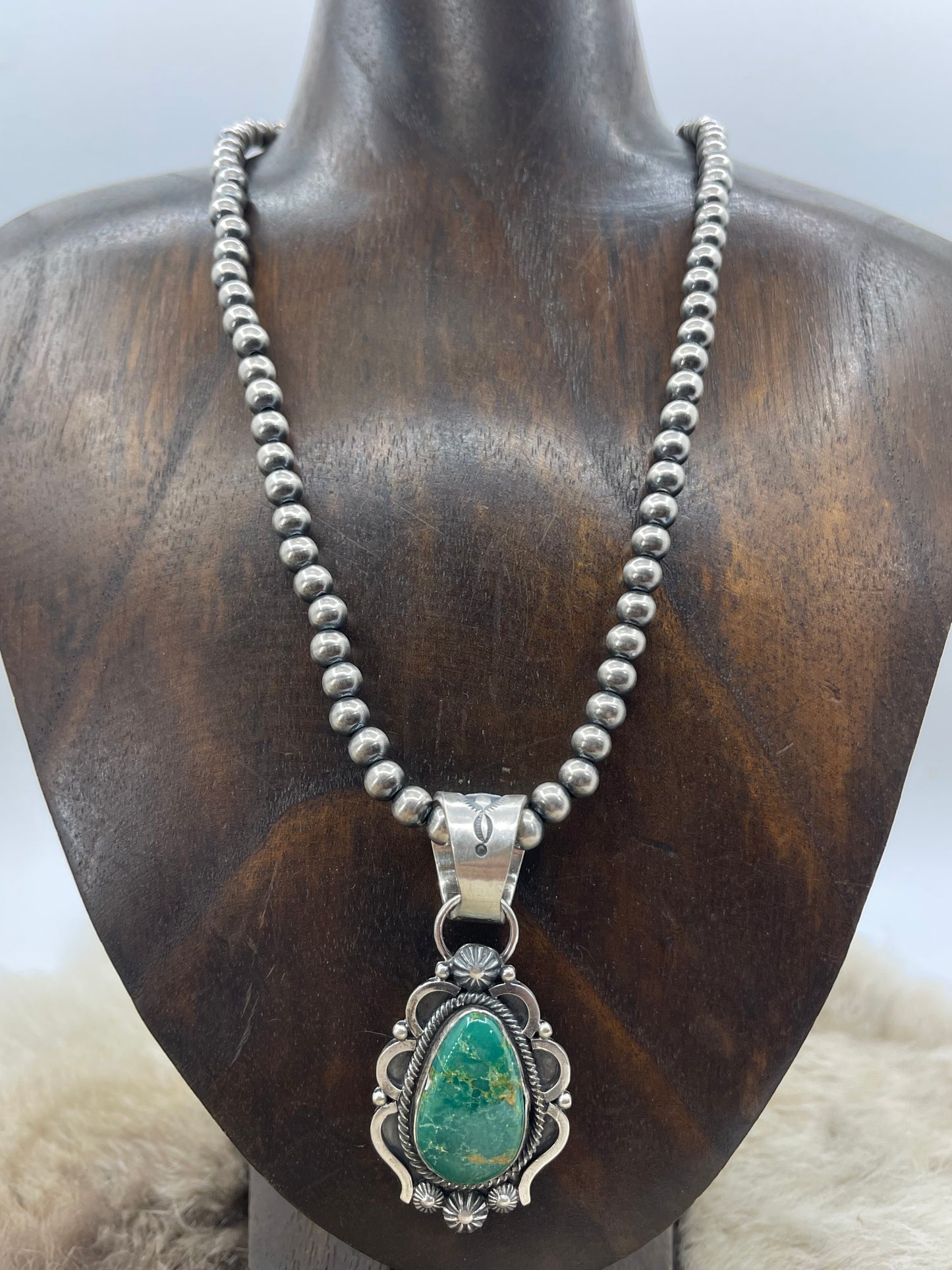 Sonoran Gold Turquoise Pendant with 18" 6mm Navajo Style Pearls by Tom Lewis, Navajo