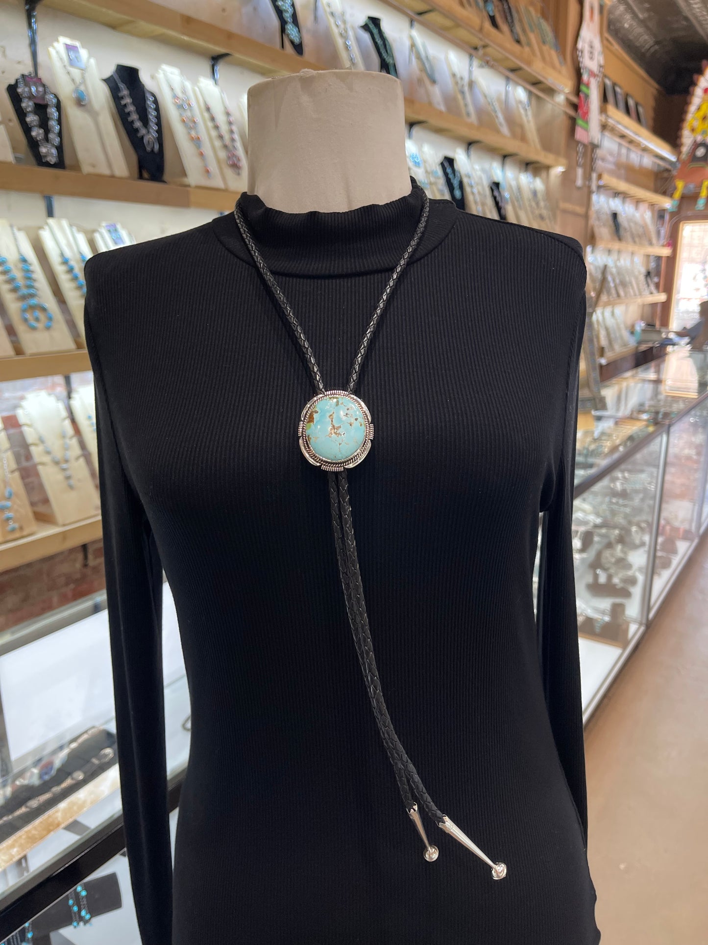 High Grade Kingman Turquoise Bolo by Joelias Draper, Navajo