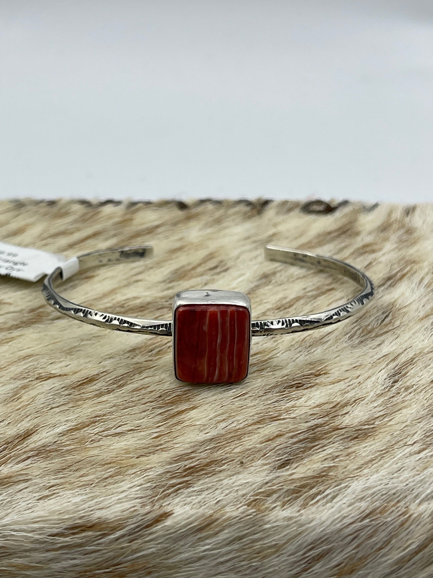 5 3/4"-7" Triangle Wire Red Spiny Oyster Shell Square Cuff by Judith Dixon, Navajo