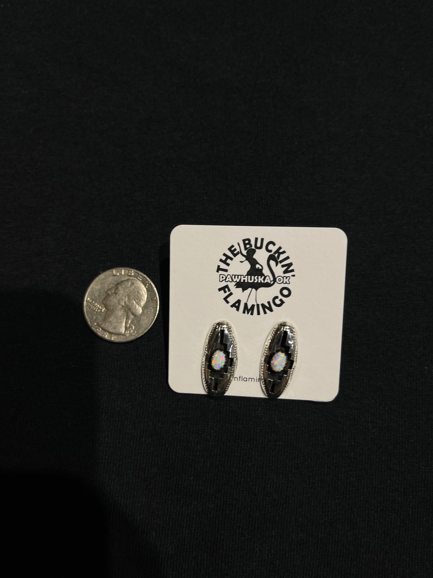 White Opal Shadowbox Oval Post Earrings by Felix Perry, Navajo