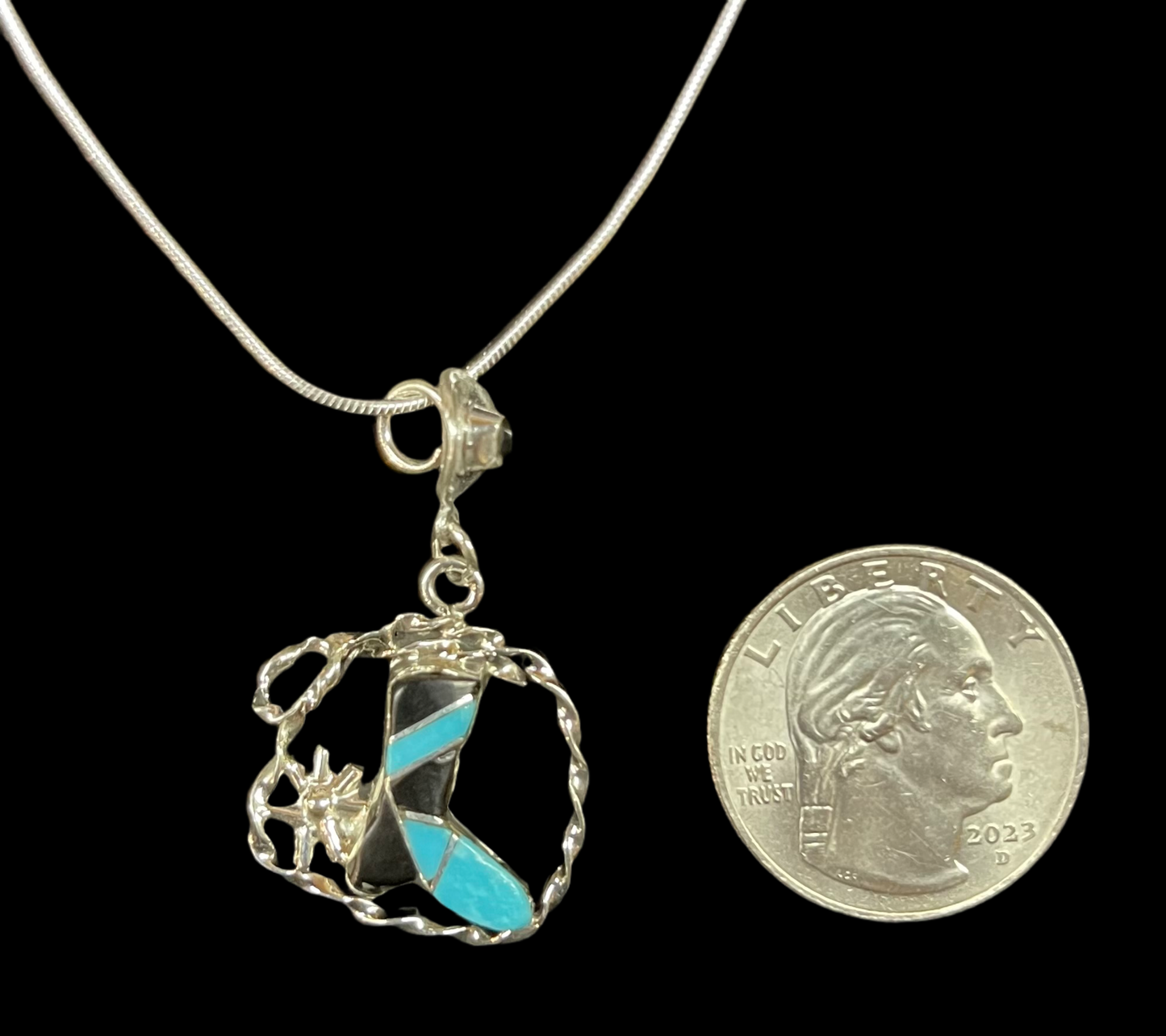 Inlay Boot, Spurs, Rope, and Hat Pendant by Leola Nastacio, Zuni