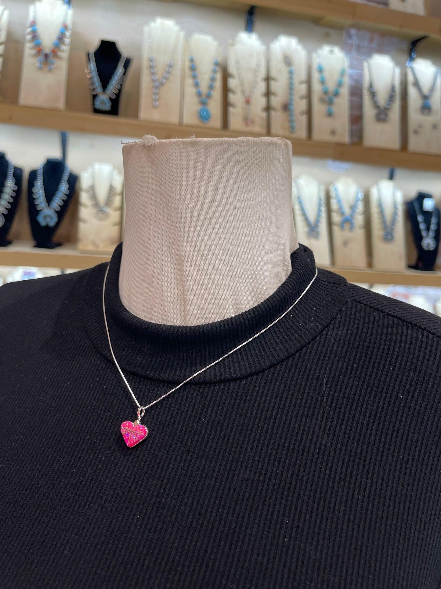 18" Chain with Hot Pink Opal Inlay Heart Pendant by Janelle Shebola, Zuni