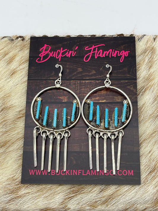 Needlepoint Turquoise Dream Catcher Dangle Earrings by Kathryn Qualo, Zuni